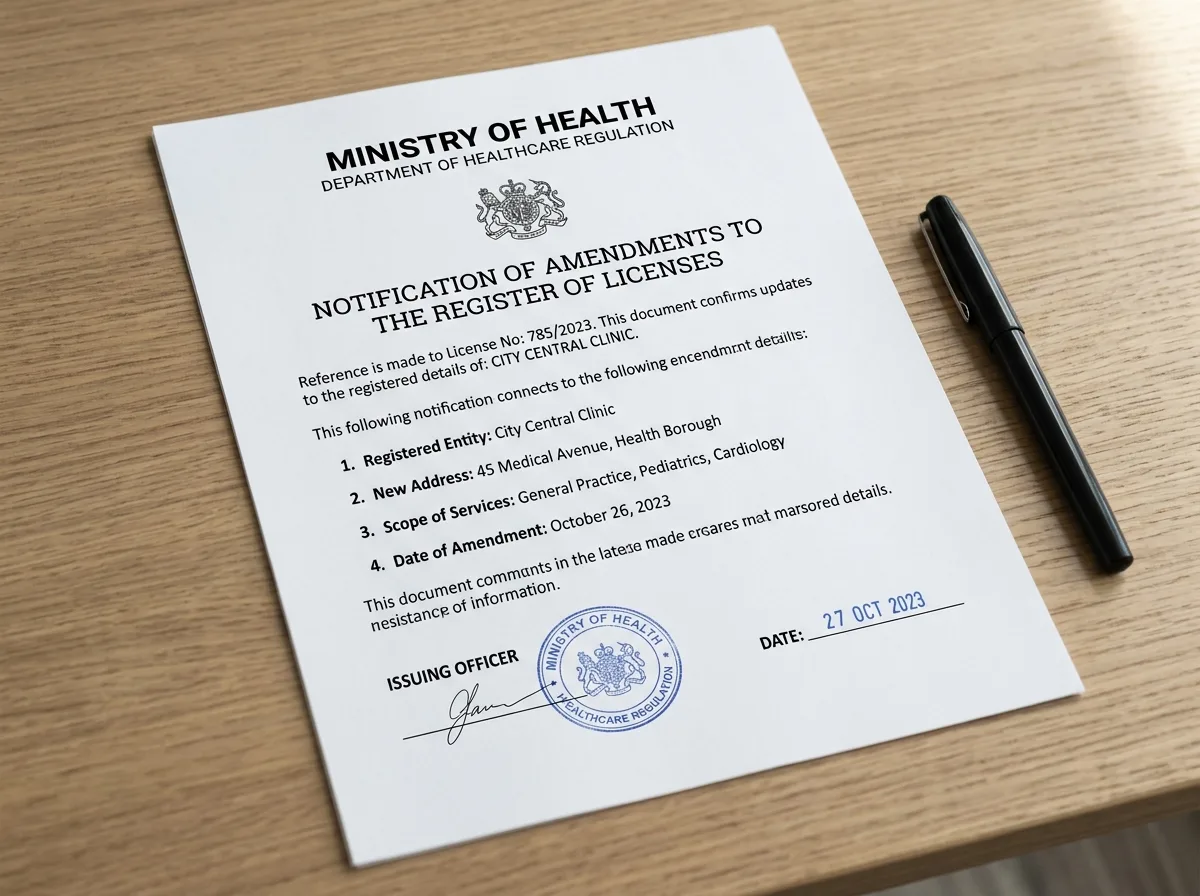 Уведомление о внесении изменений в реестр лицензий, официальный документ Минздрава с актуальными данными клиники